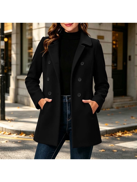 Pea Coats for Women Long Sleeve Double Breasted Lapel Collared Winter Coat with Pockets Buttons Slim Jackets, S-2XL