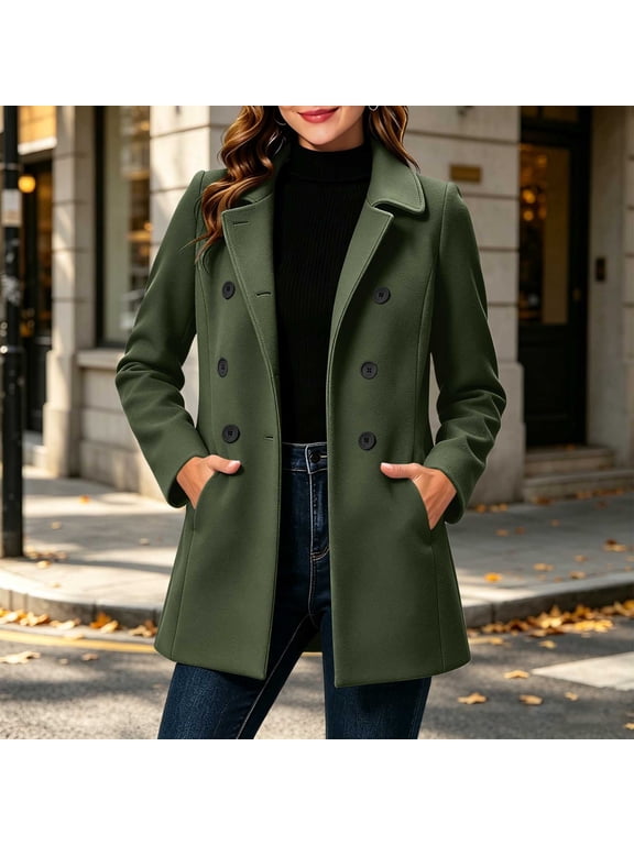 Pea Coats for Women Long Sleeve Double Breasted Lapel Collared Winter Coat with Pockets Buttons Slim Jackets, S-2XL