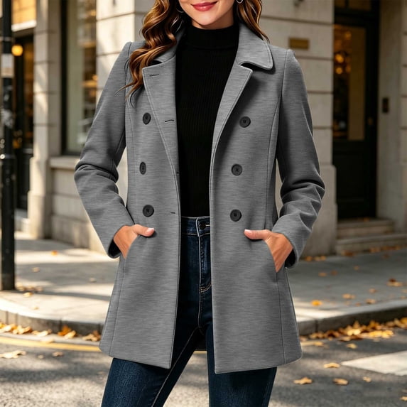Zormilly Pea Coats for Women Long Sleeve Double Breasted Lapel Collared Winter Coat with Pockets Buttons Slim Jackets, S-2XL