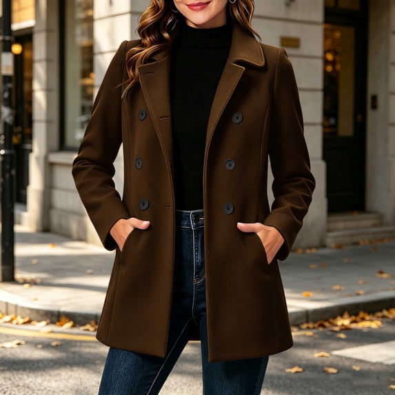 Zormilly Pea Coats for Women Long Sleeve Double Breasted Lapel Collared Winter Coat with Pockets Buttons Slim Jackets, S-2XL