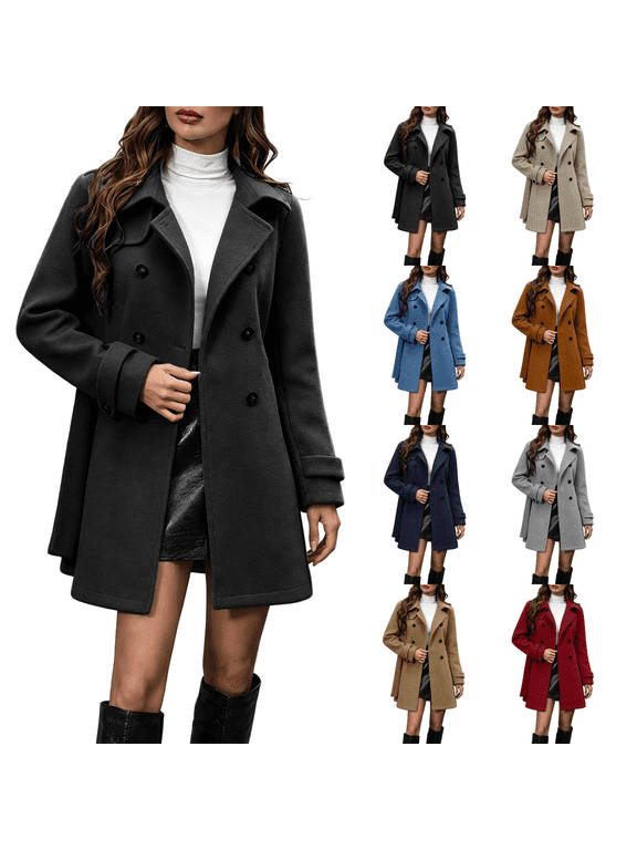 Pea Coats for Women Winter Long Sleeve Double Breasted Lapel Collared Coats with Belt Fashion Trench Coat, S-2XL