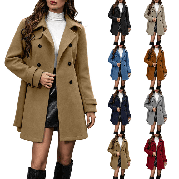 Zormilly Pea Coats for Women Winter Long Sleeve Double Breasted Lapel Collared Coats with Belt Fashion Trench Coat, S-2XL
