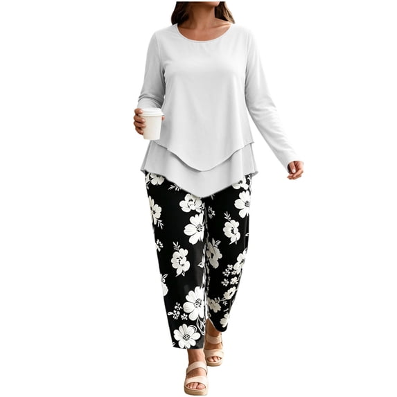 Zormilly Plus Size Outfits for Women 2 Piece Sets Long Sleeve Shirts Printed Wide Leg Pants Soft Lounge Sets, S-5XL