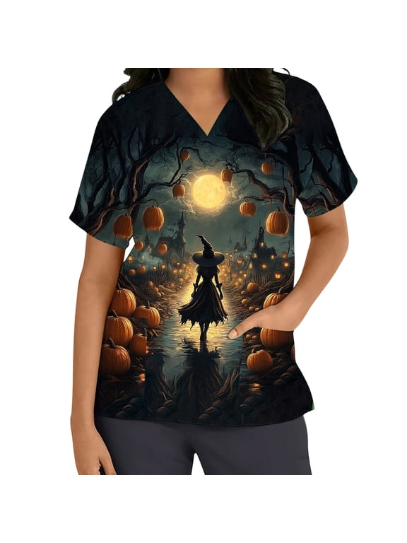 Plus Size Scrubs for Women Stretch Halloween V Neck Short Sleeve Scrub Tops with Pockets Witch Printed Blouses, S-5XL