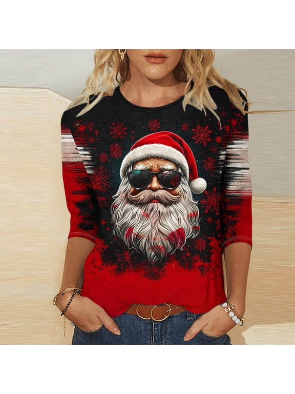 Plus Size Shirts for Women Christmas 3/4 Sleeve Loose Fitting Tops Santa Claus Printed Funny Festival Shirts, S-5XL