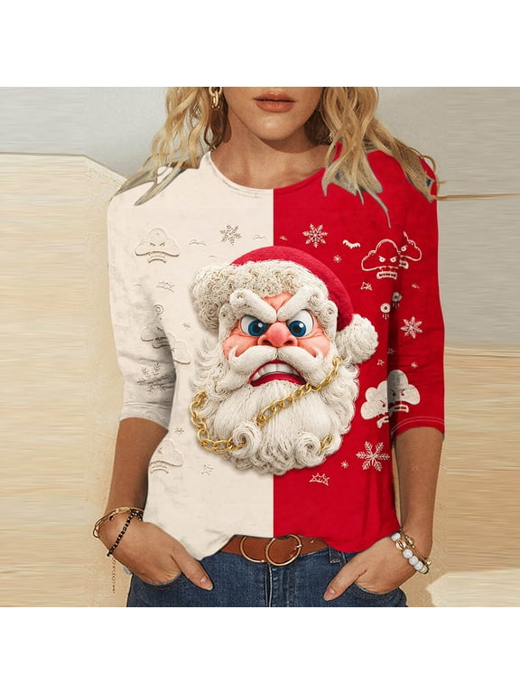 Plus Size Shirts for Women Christmas 3/4 Sleeve Loose Fitting Tops Santa Claus Printed Funny Festival Shirts, S-5XL