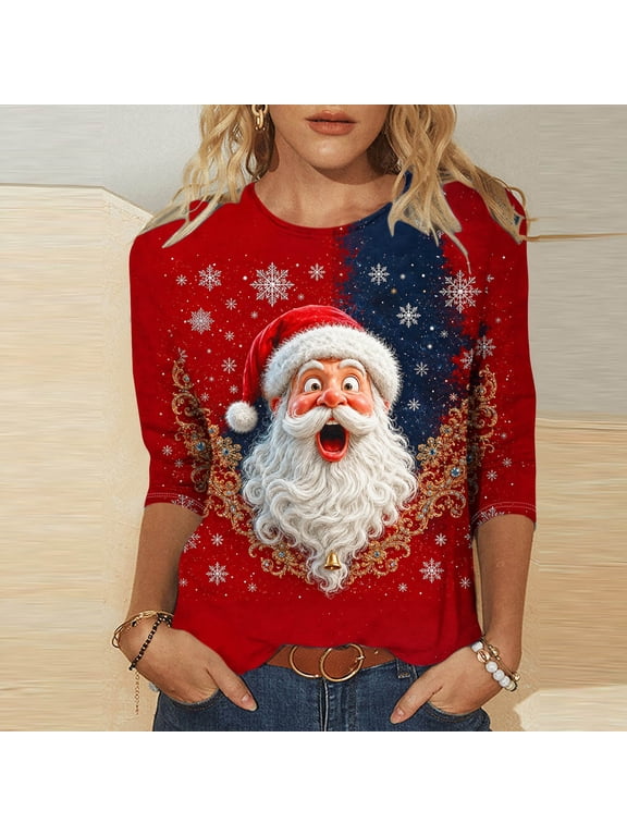 Plus Size Shirts for Women Christmas 3/4 Sleeve Loose Fitting Tops Santa Claus Printed Funny Festival Shirts, S-5XL