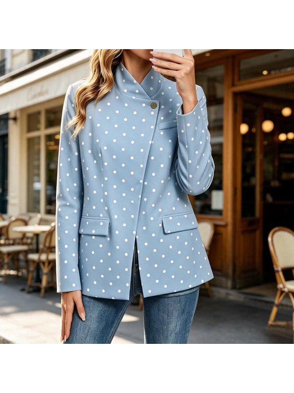 Polka Dot Blazer for Women Fall Stand Collared Asymmetrical Single Button Blazers Pockets Business Casual Blazers, M-3XL