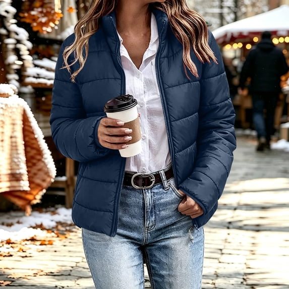 Zormilly Puffer Jacket Womens Winter Long Sleeve Zip Up Collared Cropped Jacket with Pockets Waterproof Warm Quilted Jackets, S-2XL