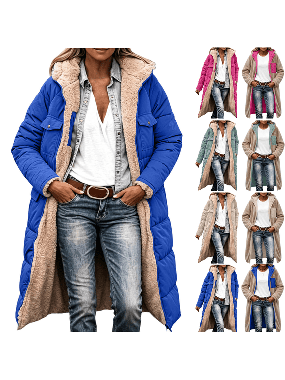 Quilted Jackets for Women Winter Fleece Reversible Plus Size Zip Up Hoodie with Pockets Oversized Warm Long Coats, S-5XL