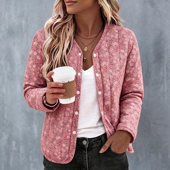 Zormilly Quilted Jackets for Women Winter Long Sleeve Button Down Floral Cotton Coats Fashion Warm Lounge Jacket, M-2XL