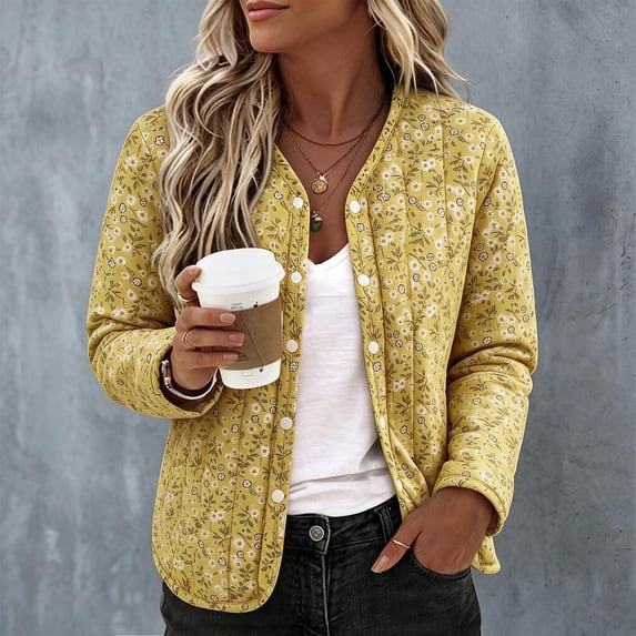 Zormilly Quilted Jackets for Women Winter Long Sleeve Button Down Floral Cotton Coats Fashion Warm Lounge Jacket, M-2XL
