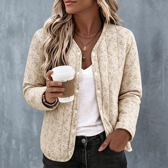 Zormilly Quilted Jackets for Women Winter Long Sleeve Button Down Floral Cotton Coats Fashion Warm Lounge Jacket, M-2XL