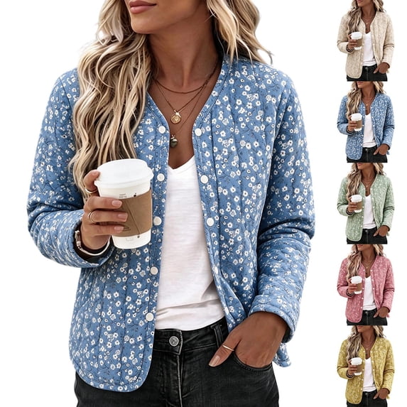 Zormilly Quilted Jackets for Women Winter Long Sleeve Button Down Floral Cotton Coats Fashion Warm Lounge Jacket, M-2XL