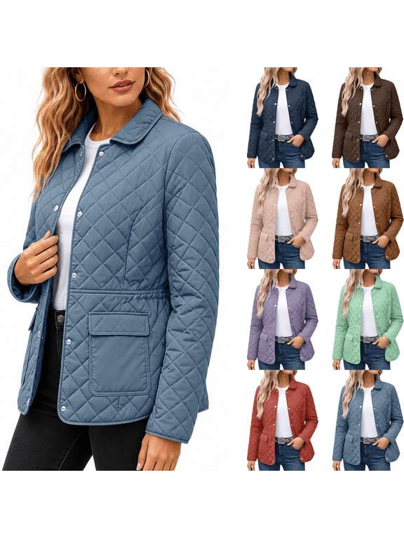 Quilted Jackets for Women Winter Long Sleeve Lightweight Puffer Jacket with Pockets Snaps Oversized Warm Coats, S-3XL