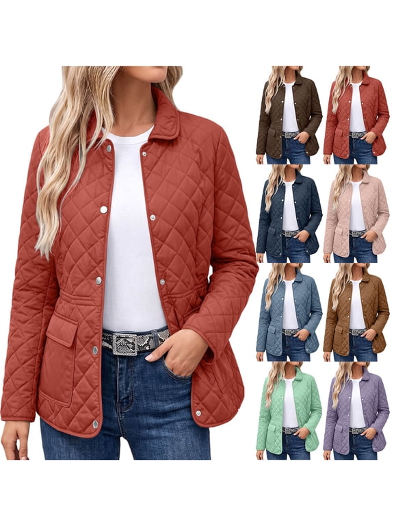 Quilted Jackets for Women Winter Long Sleeve Lightweight Puffer Jacket with Pockets Snaps Oversized Warm Coats, S-3XL