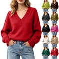 thumbnail image 1 of Zormilly Red Sweaters for Women Long Sleeve V Neck Soft Oversized Sweaters Winter Brushed Knit Tops, S-L, 1 of 8