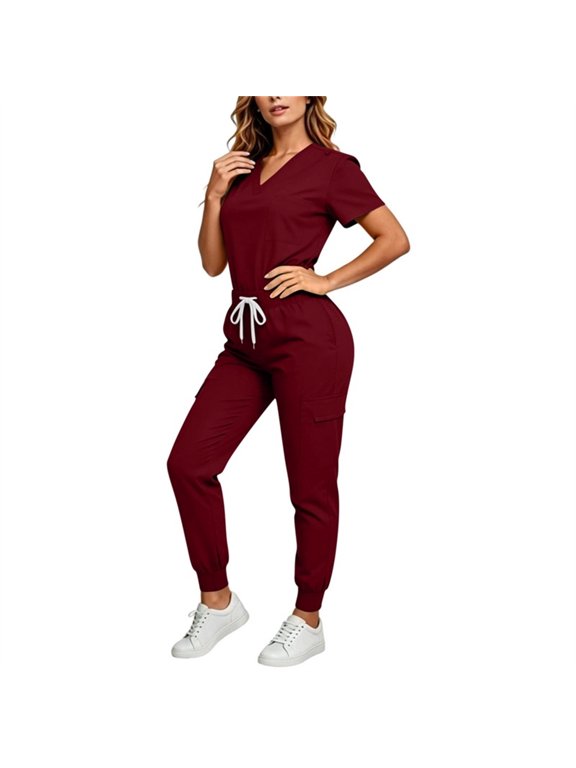 Scrub Sets for Woman, Elastic Waist Drawstring Cargo Pants with Pockets, Loose V Neck Short Sleeve Nursing Tops, S-2XL