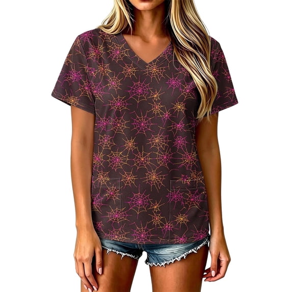 Zormilly Scrub Tops Women Halloween V Neck Short Sleeve Plus Size Scrubs Tops with Pockets Printed Breathable Nursing Tops, S-5XL