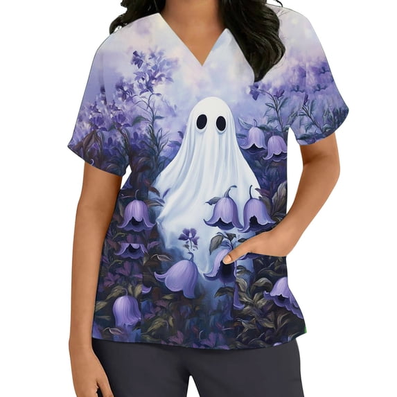 Zormilly Scrub Tops Women Halloween V Neck Short Sleeve Plus Size Scrubs Tops with Pockets Printed Breathable Nursing Tops, S-5XL