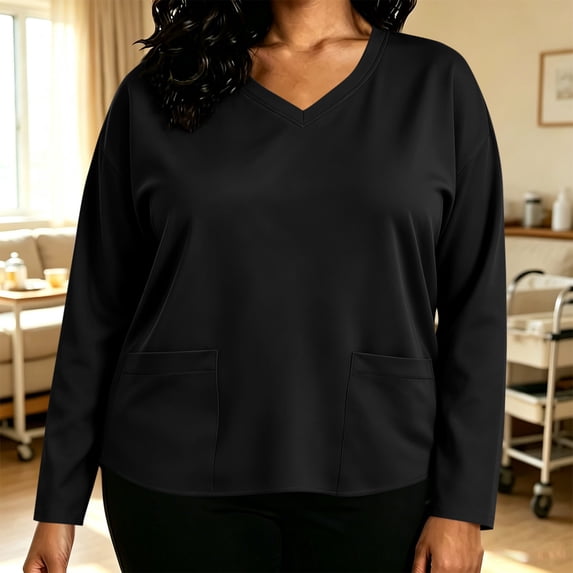 Zormilly Scrub Tops Women Long Sleeve V Neck Plus Size Nursing Tops with Pockets Care Clinics Loose Scrub Uniforms, L-5XL