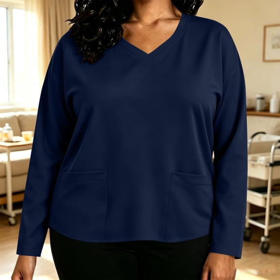 Zormilly Scrub Tops Women Long Sleeve V Neck Plus Size Nursing Tops with Pockets Care Clinics Loose Scrub Uniforms, L-5XL