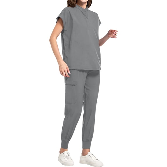 Zormilly Scrubs for Women Set, Elastic Waist Drawstring Scrub Pants with Zipper Pockets, Casual Short Sleeve Scrubs Set, S-2XL
