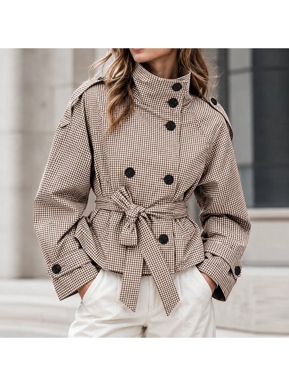 Short Trench Coats for Women Fall Double Breasted Funnel Neck Plaid Jacket with Belt Lightweight Checkered Jackets, S-2XL