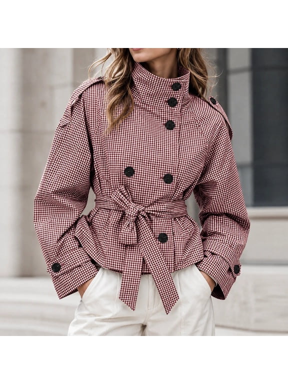 Short Trench Coats for Women Fall Double Breasted Funnel Neck Plaid Jacket with Belt Lightweight Checkered Jackets, S-2XL