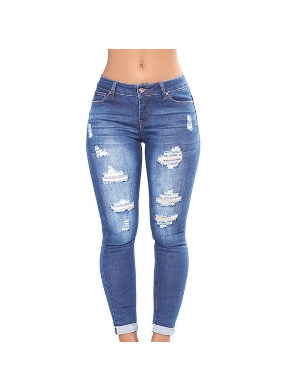 Skinny Jeans for Women Low Rise Ripped Classic Cropped Jeans with Pockets Distressed Cuffed Denim Pants, S-3XL