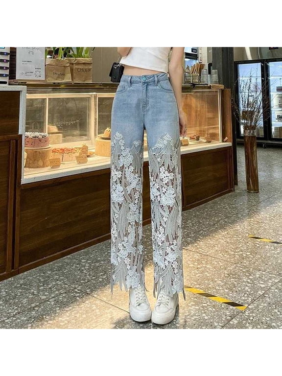 Straight Leg Jeans for Women Lace Spliced High Waisted Stretchy Jeans with Pockets Breathable Baggy Denim Pants, S-3XL