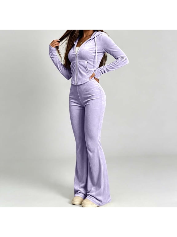 Velour Tracksuit Womens Fall Zip Up Hooded Jacket Elastic Waist Flare Pants 2 Piece Track Outfits, S-2XL