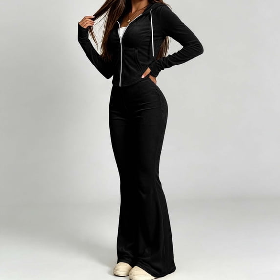 Zormilly Velour Tracksuit Womens Fall Zip Up Hooded Jacket Elastic Waist Flare Pants 2 Piece Track Outfits, S-2XL