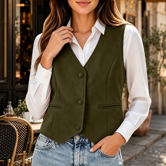 Zormilly Vest Tops for Women V Neck Sleeveless Button Down Faux Suede Vests with Pockets Vintage Slim Fit Going Out Outfits, S-2XL