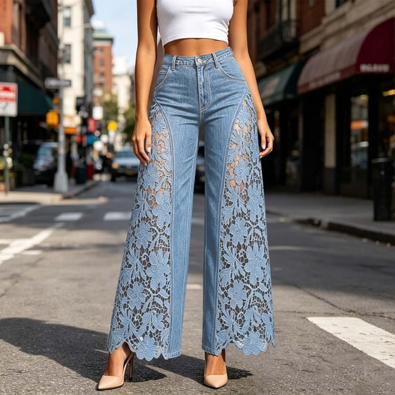 Zormilly Wide Leg Jeans for Women High Waisted Lace Spliced Stretchy Jeans, S-3XL