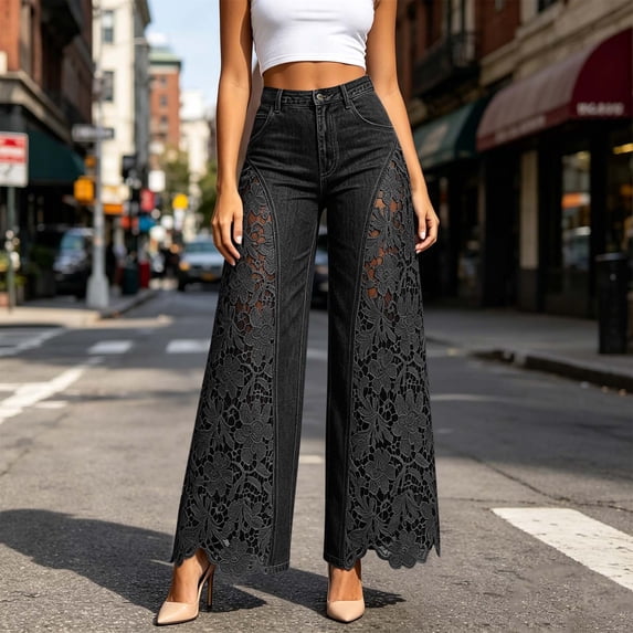 Zormilly Wide Leg Jeans for Women High Waisted Lace Spliced Stretchy Jeans, S-3XL