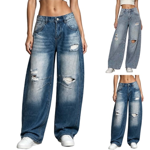 Zormilly Wide Leg Jeans for Women Low Rise Ripped Baggy Denim Pants with Pockets Classic Distressed Blue Jeans, S-XL