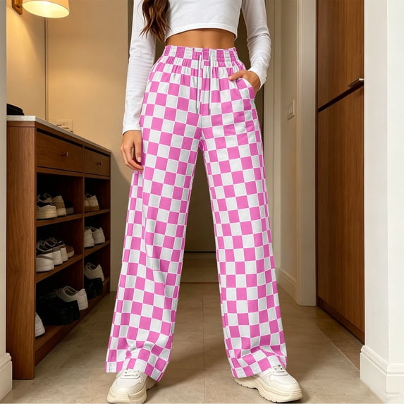 Zormilly Wide Leg Pants Woman Plaid Elastic High Waisted Checkered Pants with Pockets Drawstring Fashion Straight Leg Pants, S-3XL
