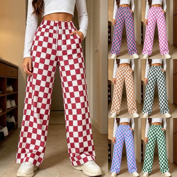 Zormilly Wide Leg Pants Woman Plaid Elastic High Waisted Checkered Pants with Pockets Drawstring Fashion Straight Leg Pants, S-3XL
