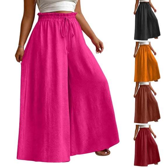 Zormilly Wide Leg Plus Size Pants for Women Elastic High Ruffle Waist Flowy Pants Drawstring Relaxed Loose Trousers, L-5XL