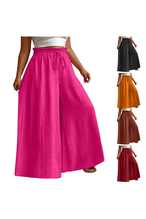 Wide Leg Plus Size Pants for Women Elastic High Ruffle Waist Flowy Pants Drawstring Relaxed Loose Trousers, L-5XL