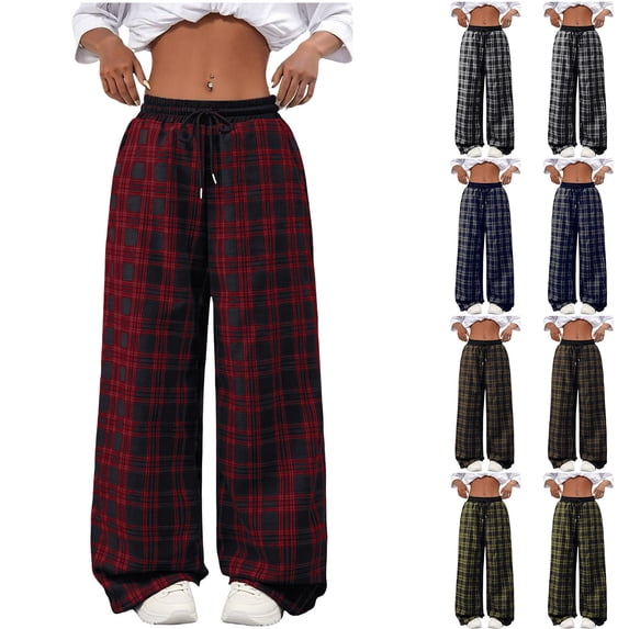 Zormilly Wide Leg Plus Size Pants for Women Plaid Elastic High Waisted Checkered Pants Drawstring Pockets Straight Pants, S-5XL