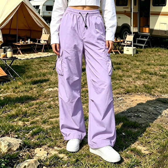 Zormilly Women's Cargo Pants Elastic High Waisted Baggy Wide Leg Pants with Pockets for Hiking Camping Outdoor, XS-3XL