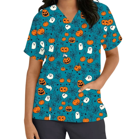 Zormilly Womens Plus Size Scrubs Halloween Pumpkin Ghost Printed V Neck Short Sleeve Scrub Tops with Pockets, S-5XL