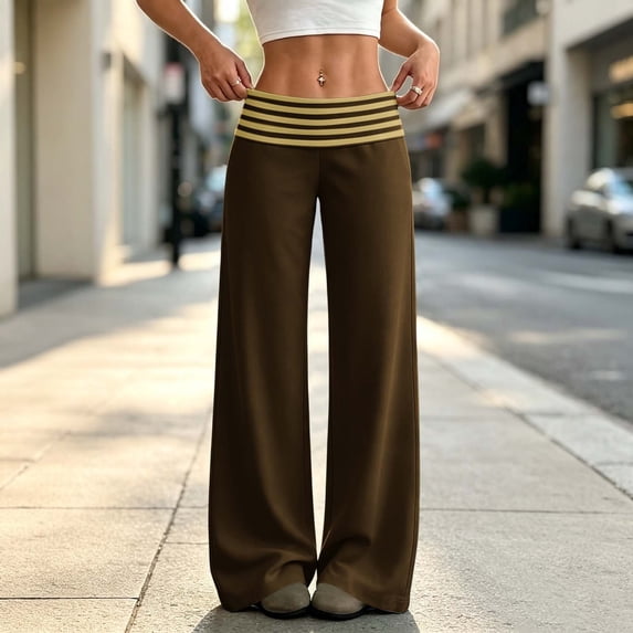 Zormilly Womens Wide Leg Pants Striped Fold Over Elastic High Waisted Loose Pants Casual Soft Trousers, S-2XL