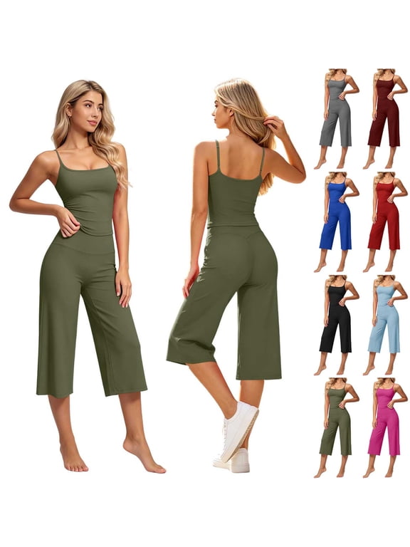 Workout Sets for Women Spaghetti Strap Tank Top Wide Leg Capris Yoga Sets Stretch Soft Sport Sets, S-2XL