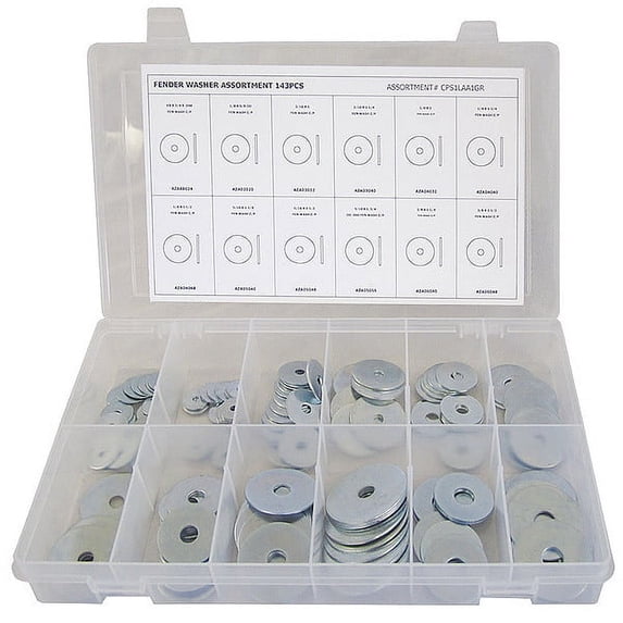 ZoroSelect Fender Washer Assortment, Steel, Zinc Plated Finish, 143 PCS