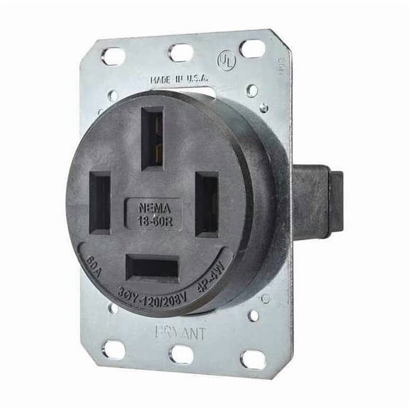 Straight Blade Receptacle, 18-60R, 60 A, 120/208V AC, 4 Pole, 4 Wire, Flush Mount, Non-Grounded