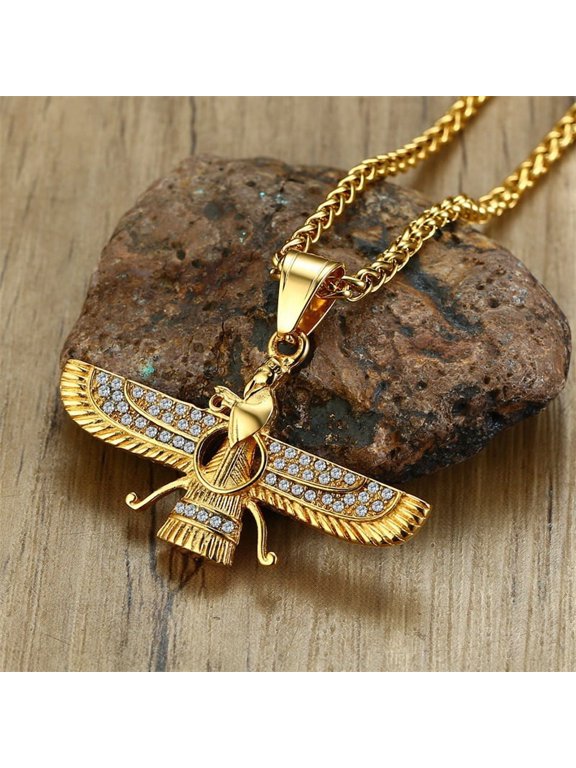 Faravahar Zoroastrian Winged Deity Pendant Necklace For Men Women, 14K Gold Filled HighEnd Statement Jewelry