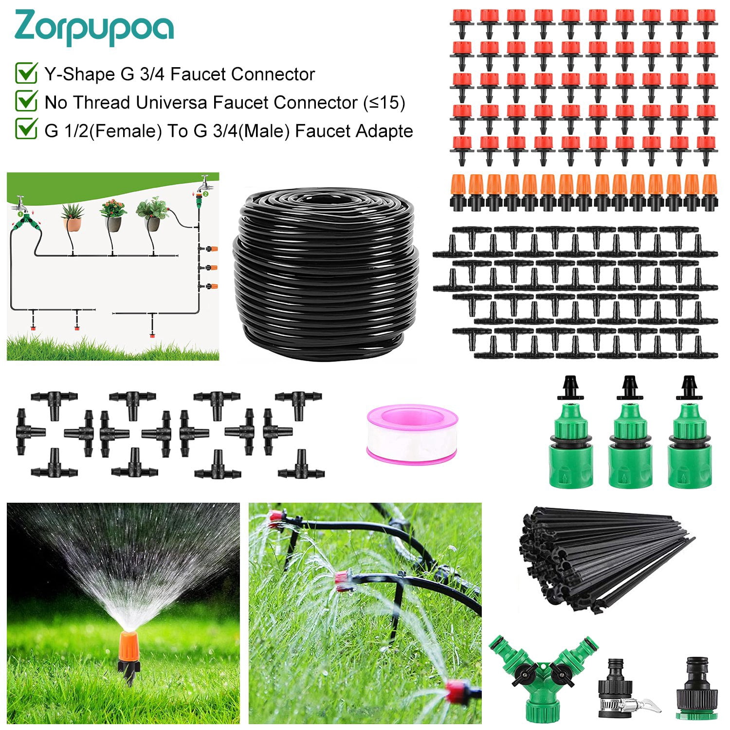 Zorpupoa 1 Set 164FT Drip Irrigation Kit Automatic Garden Irrigation System Misting Plant Watering Drip Kit for Summer Garden Greenhouse Flower Bed Patio Lawn